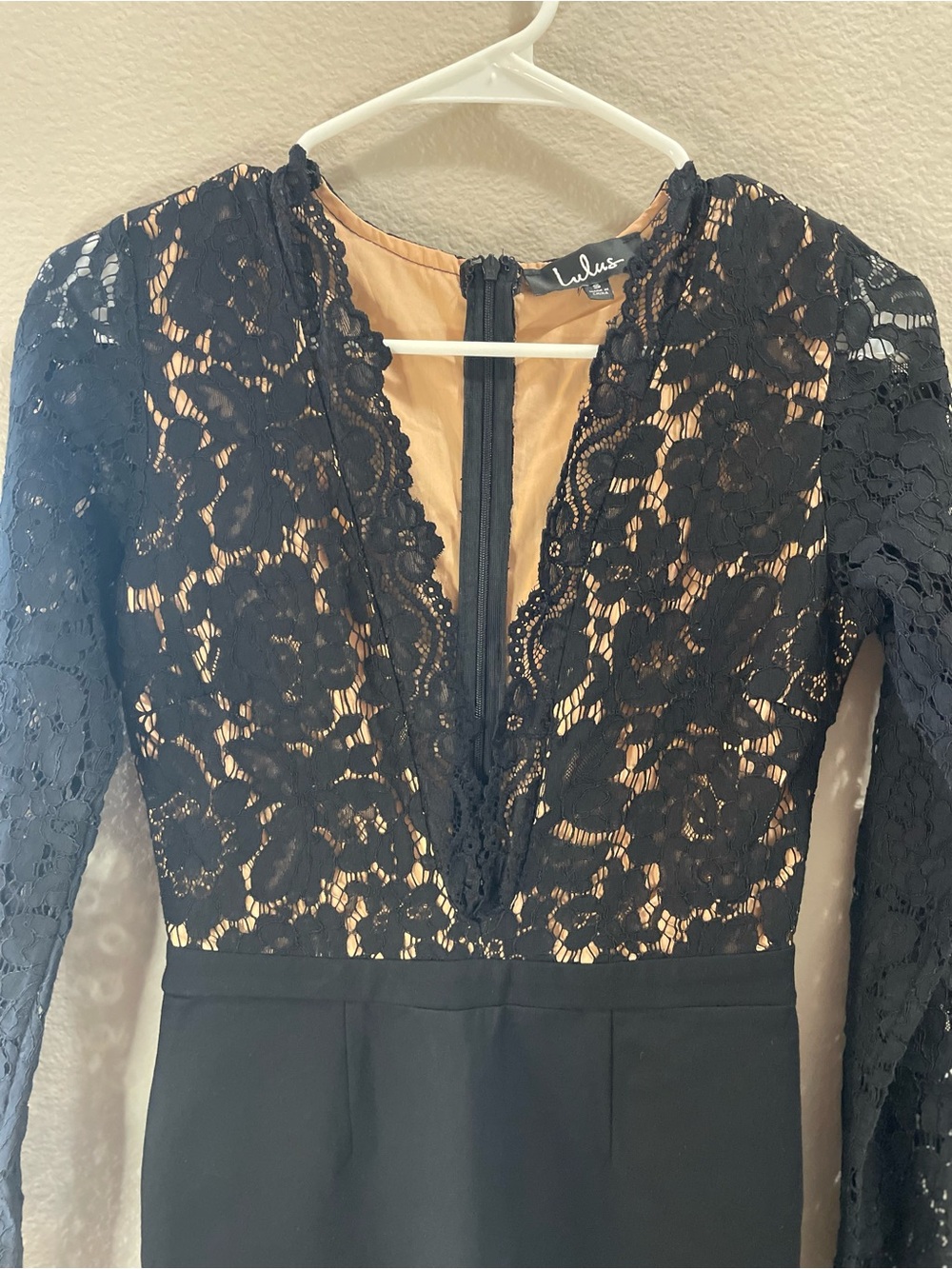 Lulu's Black Lace Long Sleeve Sheath Dress with Nude Lining